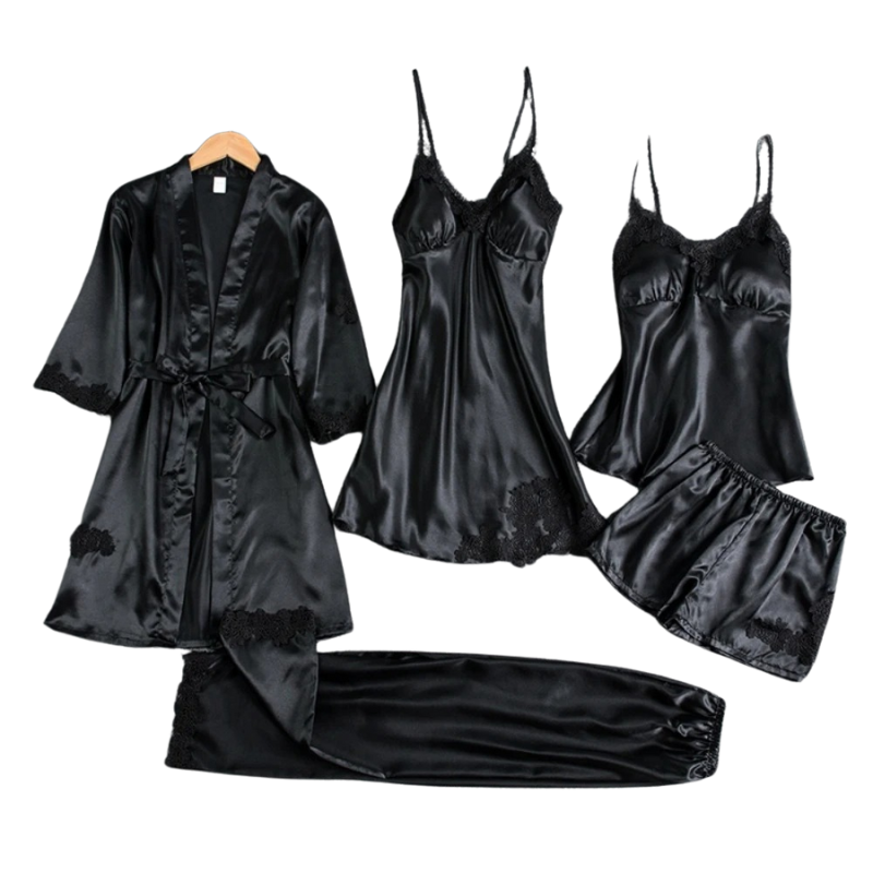 5-i-1 Satin-stil Nattkläder Set | Satin-stil Nattlinne & Pyjamas | Lyxigt Sovplagg Dam 0