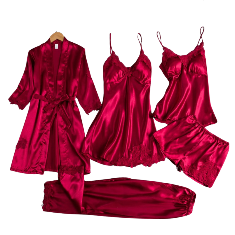 5-i-1 Satin-stil Nattkläder Set | Satin-stil Nattlinne & Pyjamas | Lyxigt Sovplagg Dam 1