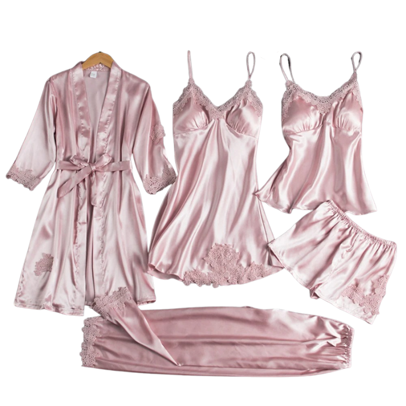5-i-1 Satin-stil Nattkläder Set | Satin-stil Nattlinne & Pyjamas | Lyxigt Sovplagg Dam 6