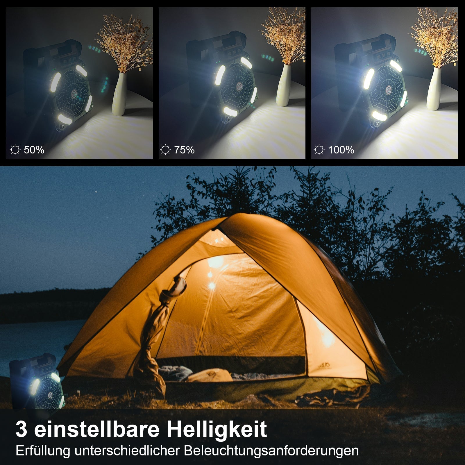 Bärbar Campingfläkt med LED-lampa och Solpanel 4