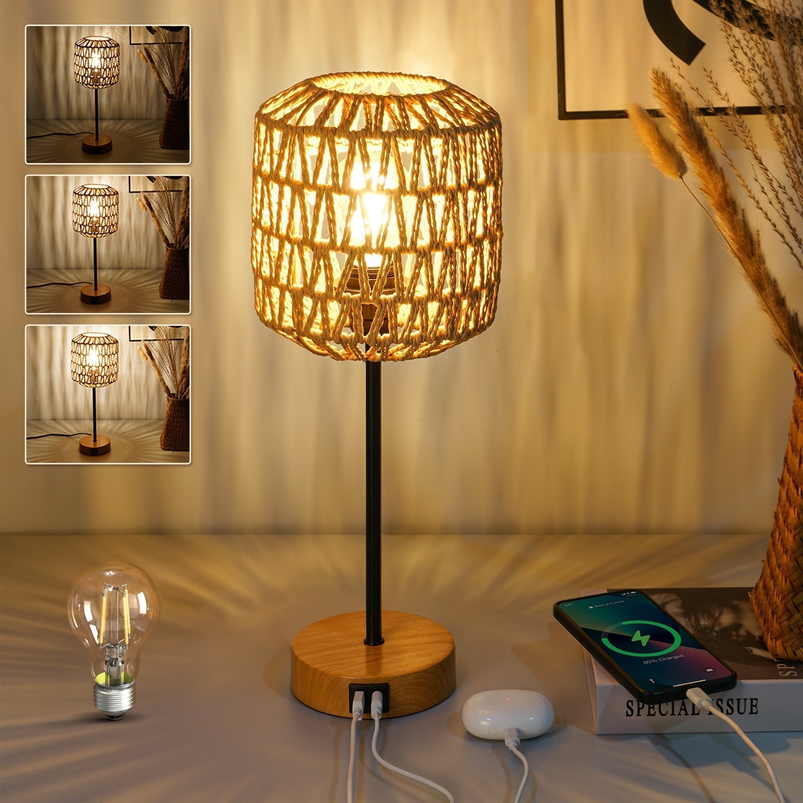 Bordslampa i Boho Stil med Dimmer och USB-port 3
