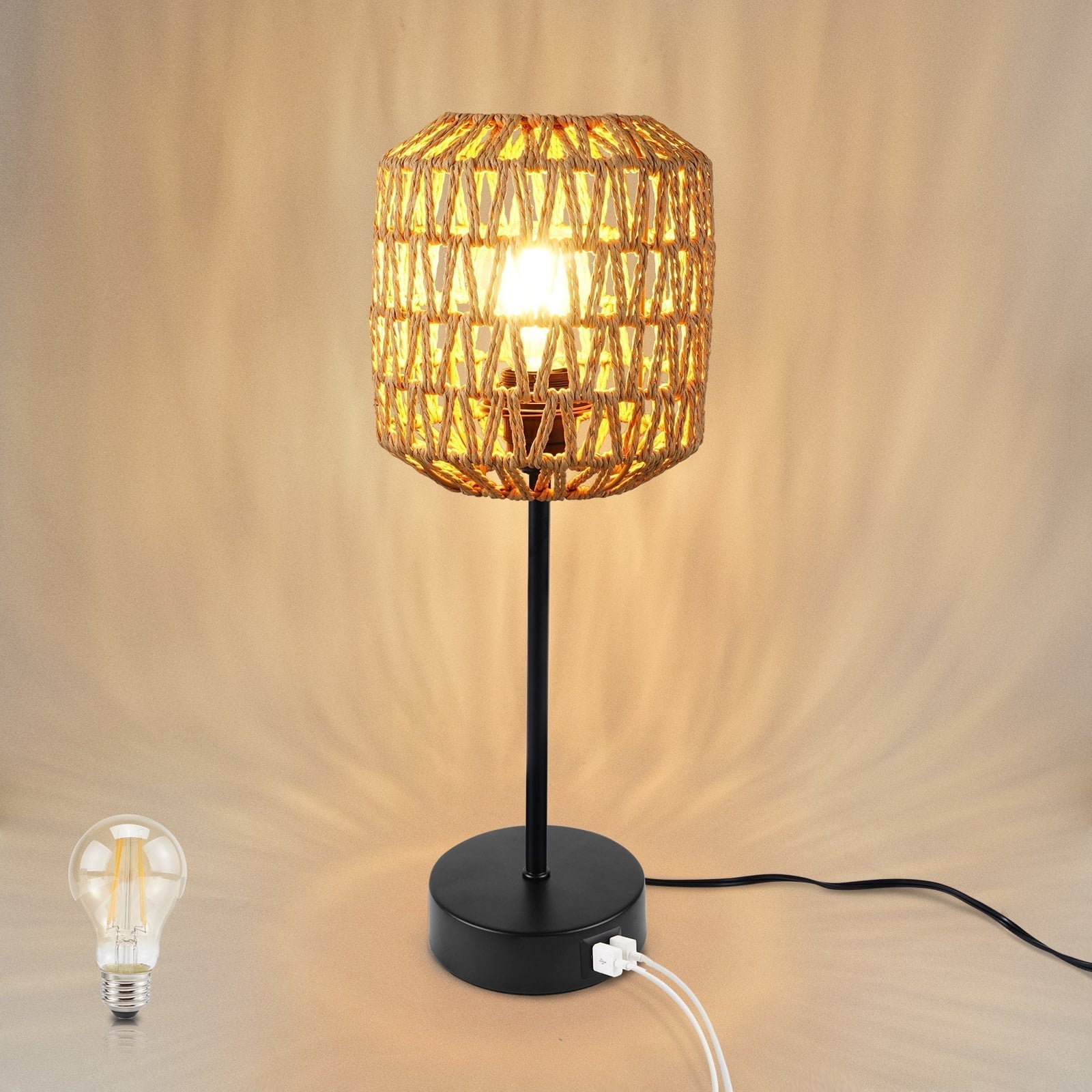 Bordslampa i Boho Stil med Dimmer och USB-port 5