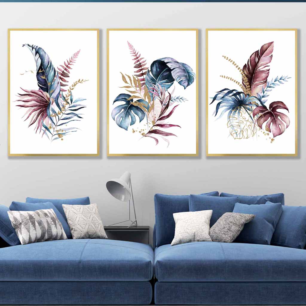Botanisk Väggkonst Triptyk med Rosa och Blå Blommor 5