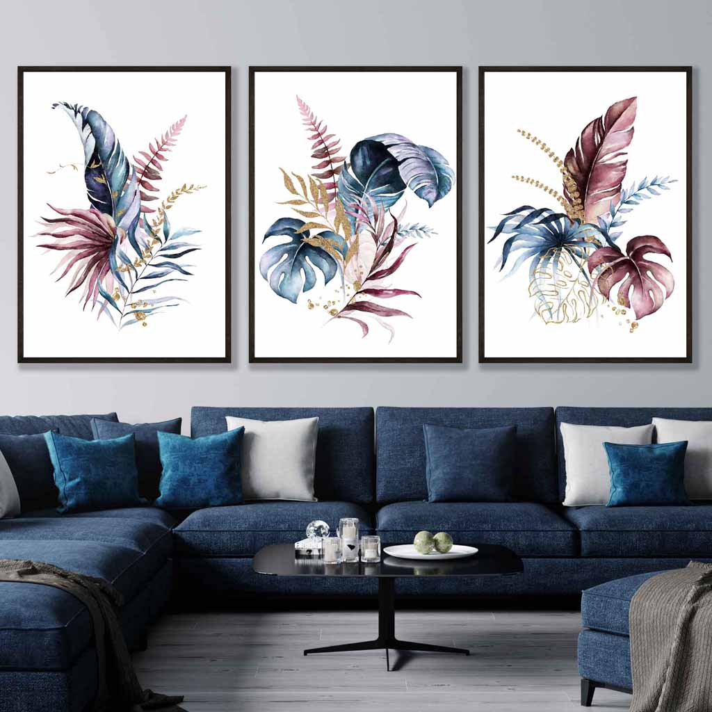 Botanisk Väggkonst Triptyk med Rosa och Blå Blommor 6