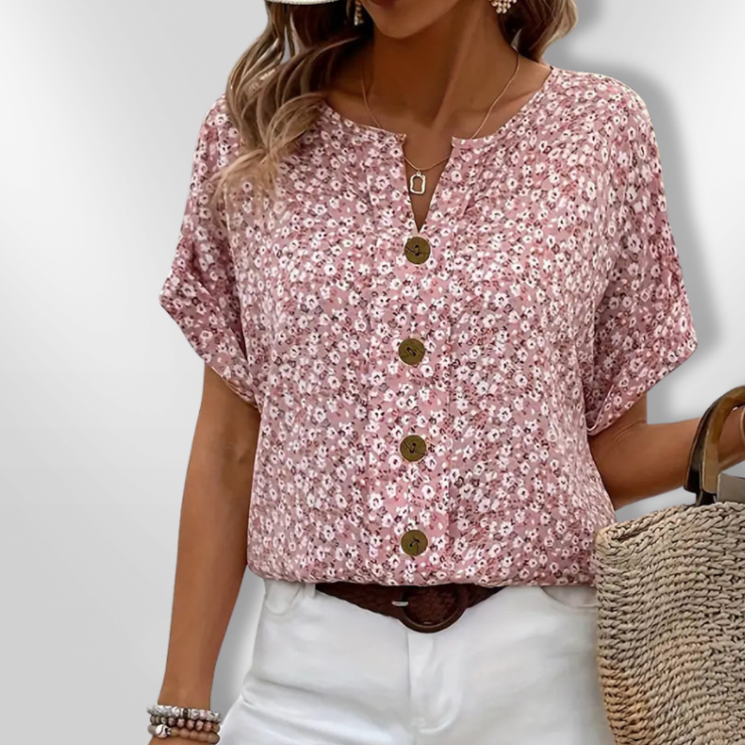 Dam Blus Av Lätt Tyg Med Blommönster Och Träknappar 1