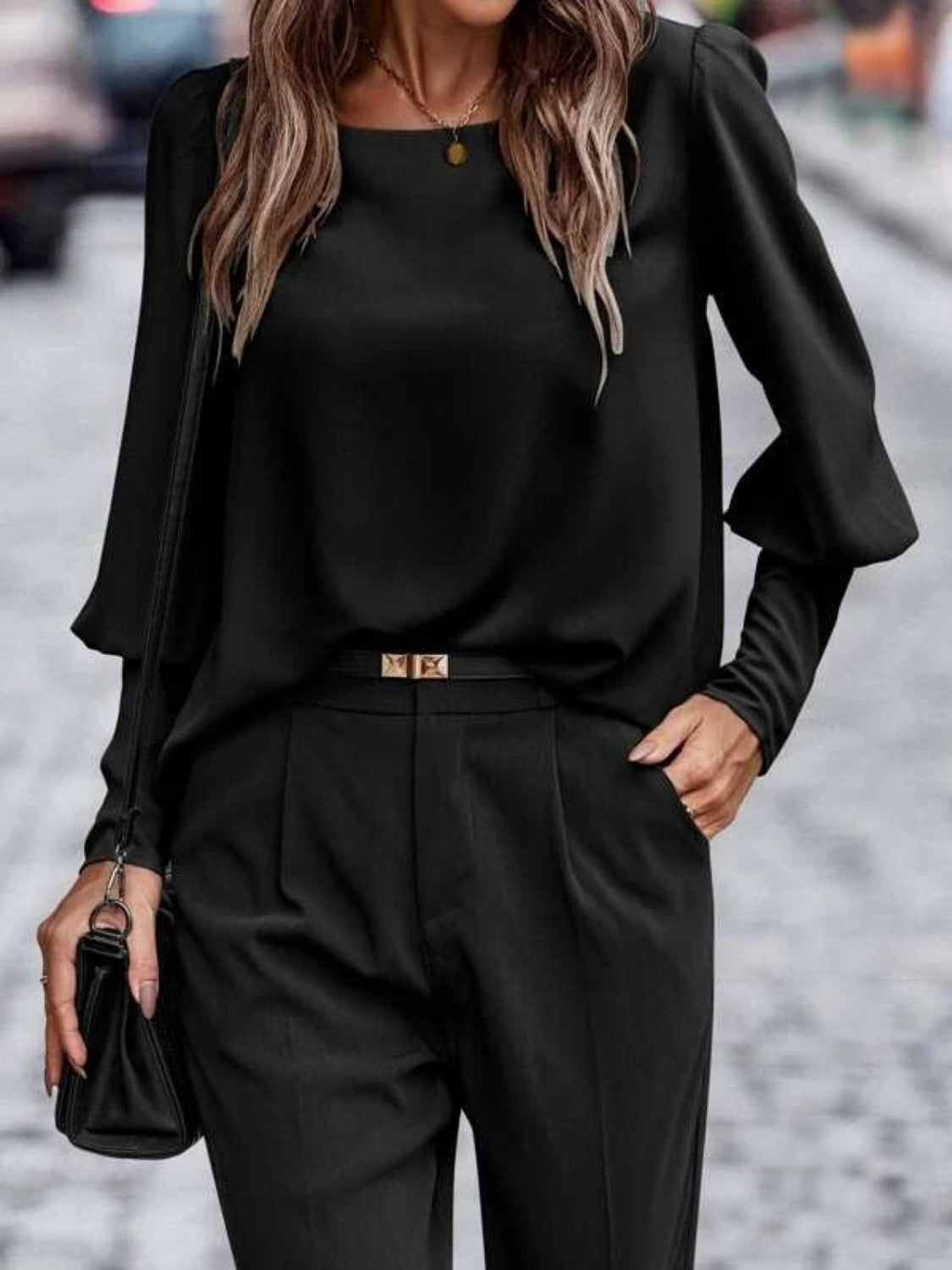 Dam Blus Rund Hals Lyktaärmar Polyester 6