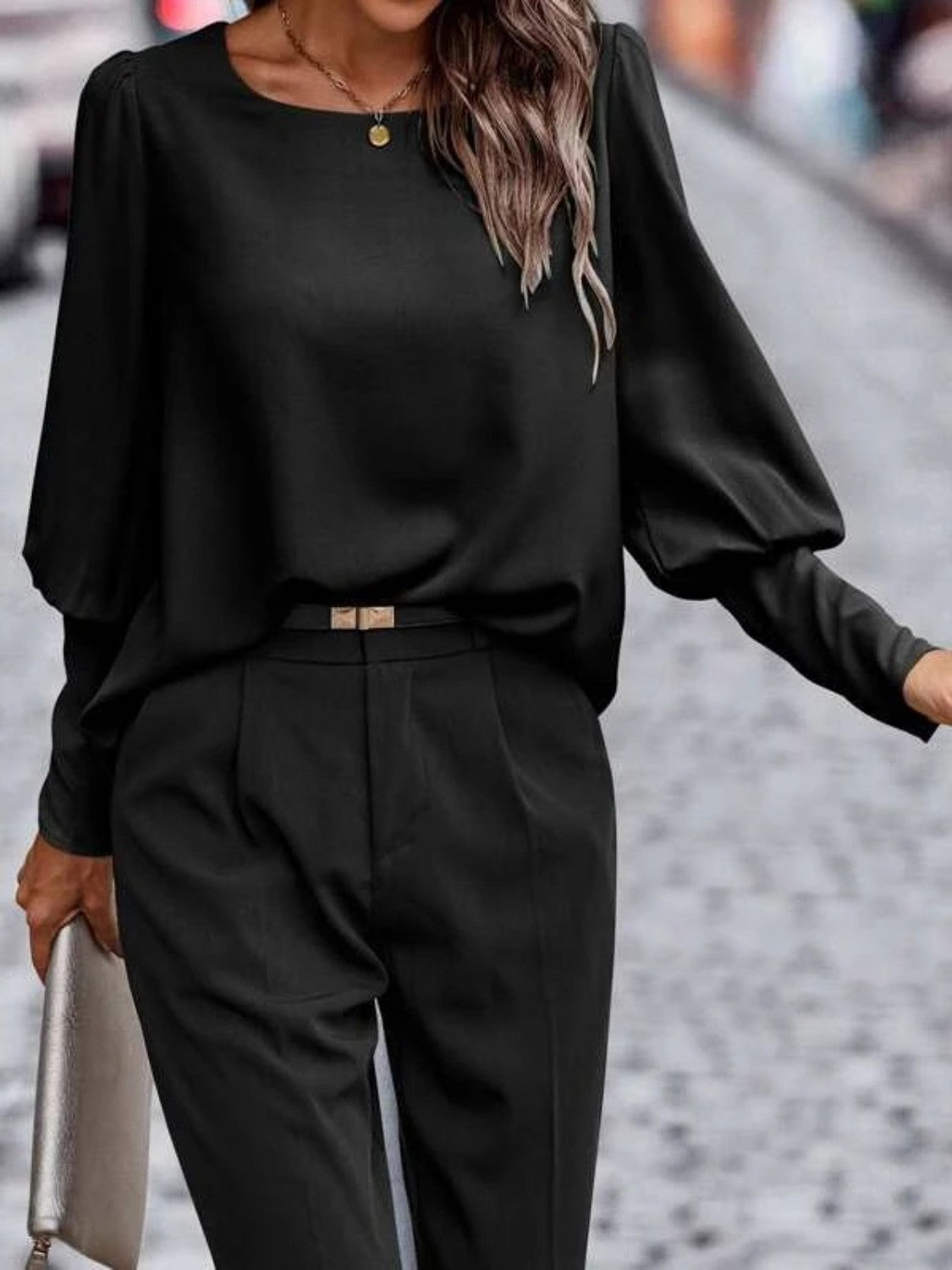 Dam Blus Rund Hals Lyktaärmar Polyester 7
