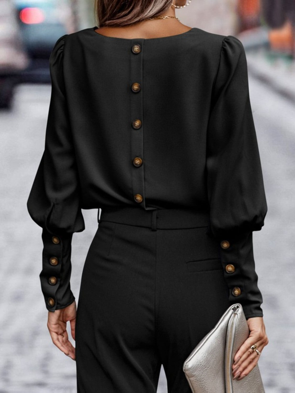 Dam Blus Rund Hals Lyktaärmar Polyester 8
