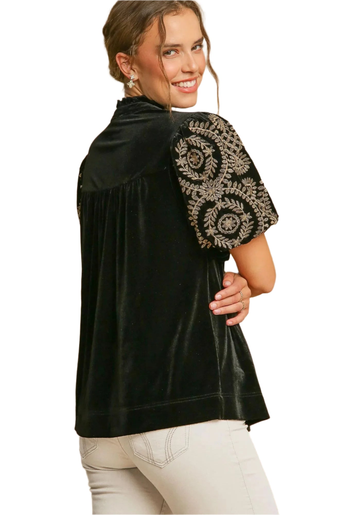 Dam Blus med Broderade Ärmar i Sammet Ruched Design 2