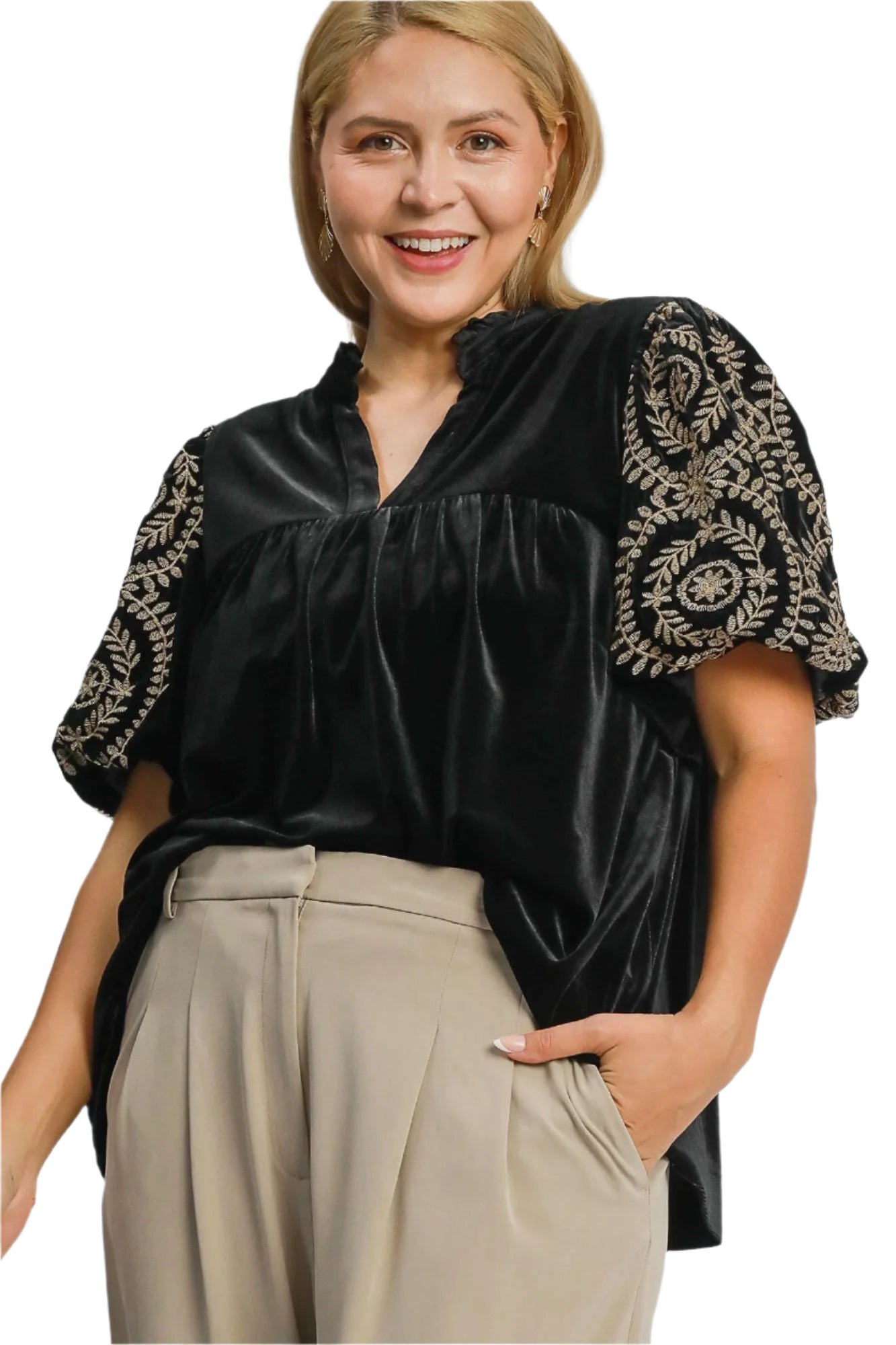 Dam Blus med Broderade Ärmar i Sammet Ruched Design 5