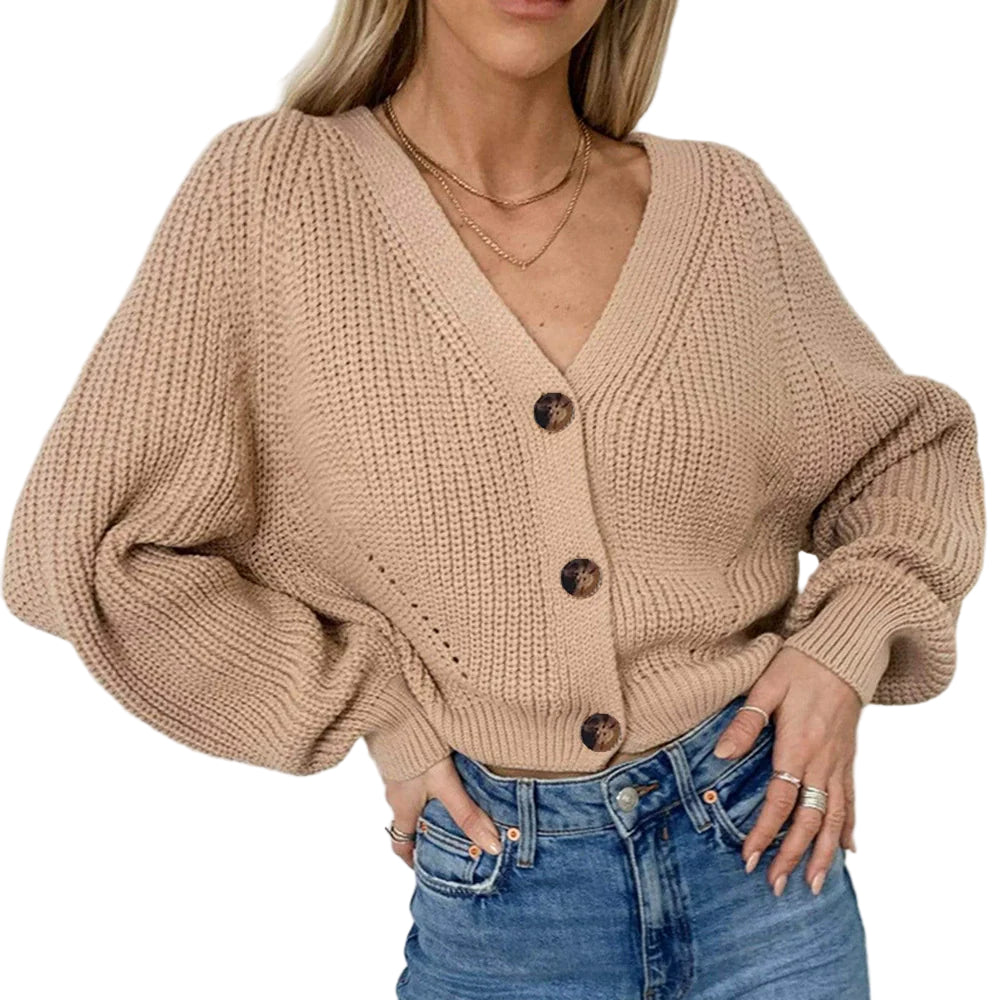 Dam Cardigan Jacka Chunky Knit V-Hals Knapp Framsida 1