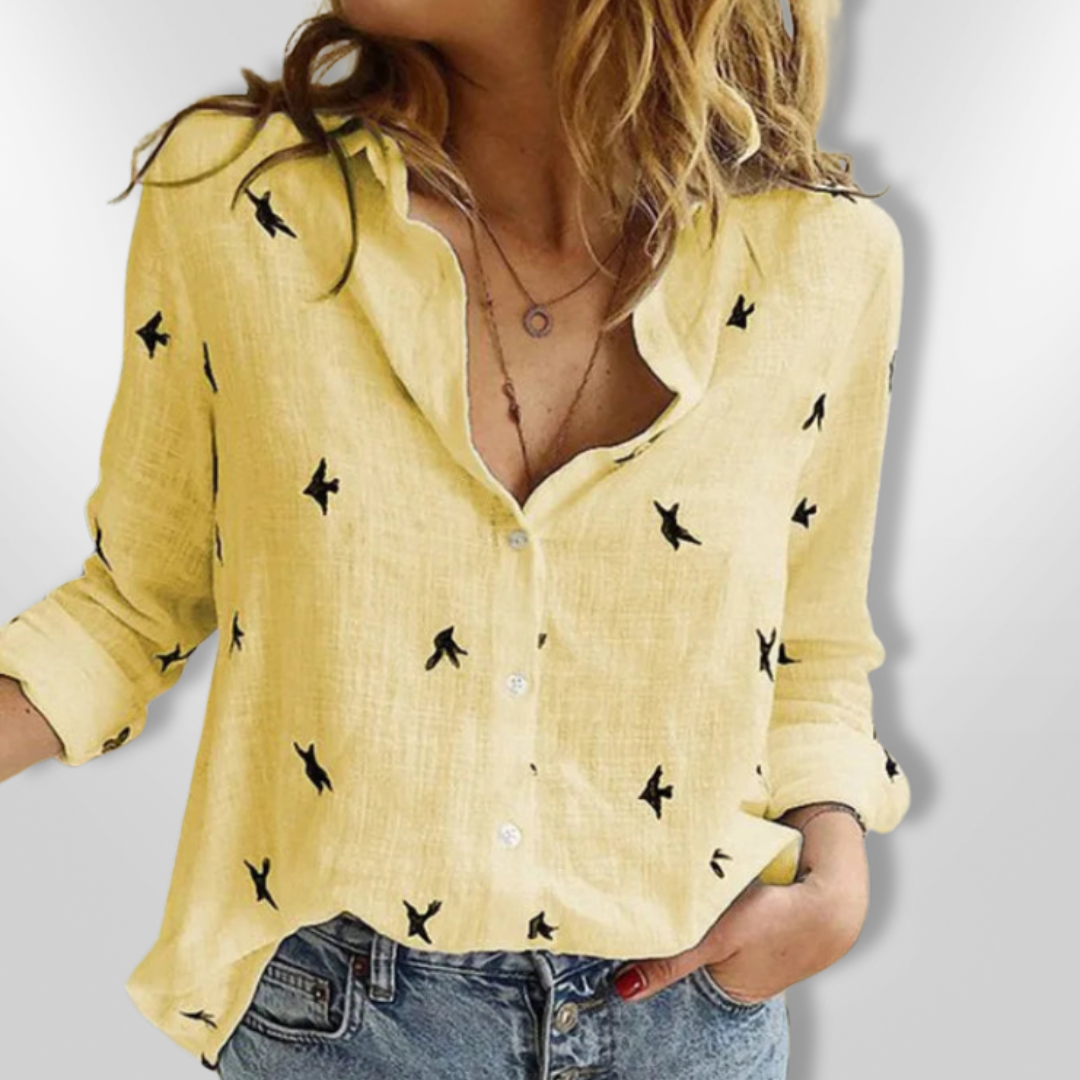 Dam Chemise Boutonnée med Fågeltryck i Mjuk Bomull 4