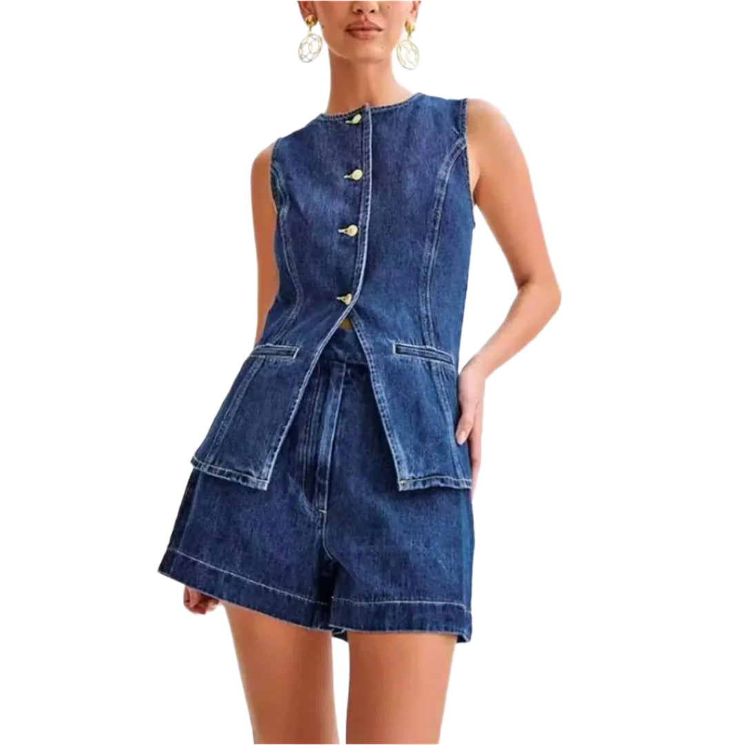 Dam Denim Set Med Ärmlös Topp Och Högmidjade Shorts 0