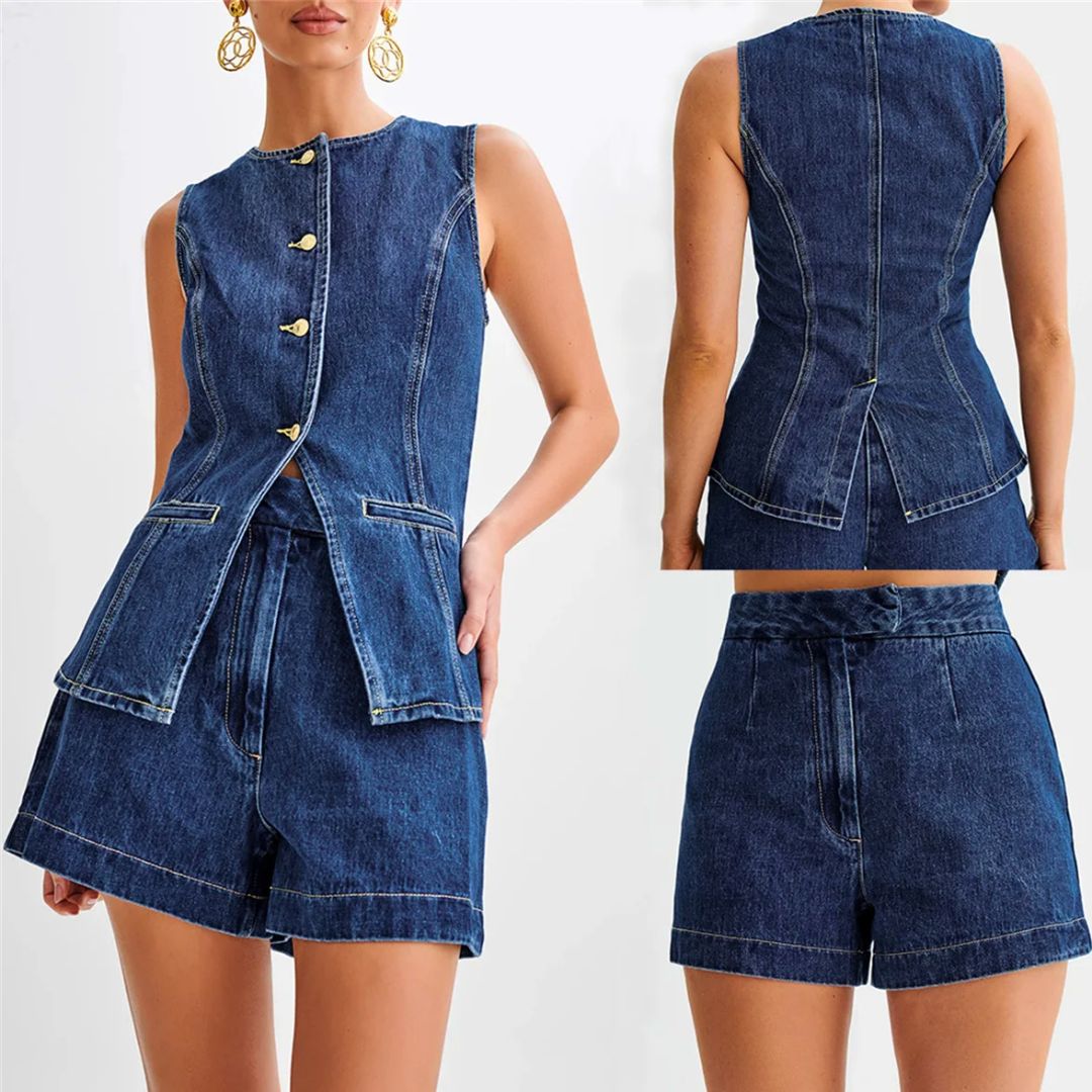 Dam Denim Set Med Ärmlös Topp Och Högmidjade Shorts 1