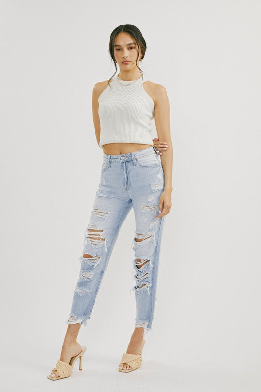 Dam Jeans Hög Midja Distressed Ljus Denim 1