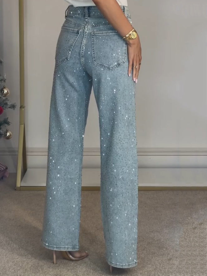 Dam Jeans Hög Midja med Glittrande Detaljer 3