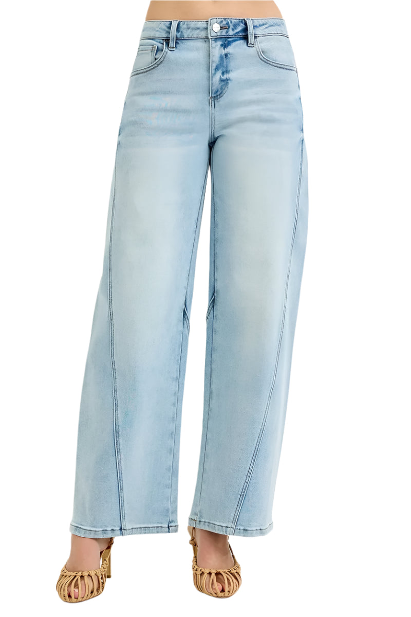 Dam Mid Rise Barrel Jeans Tvättad Stretch 0