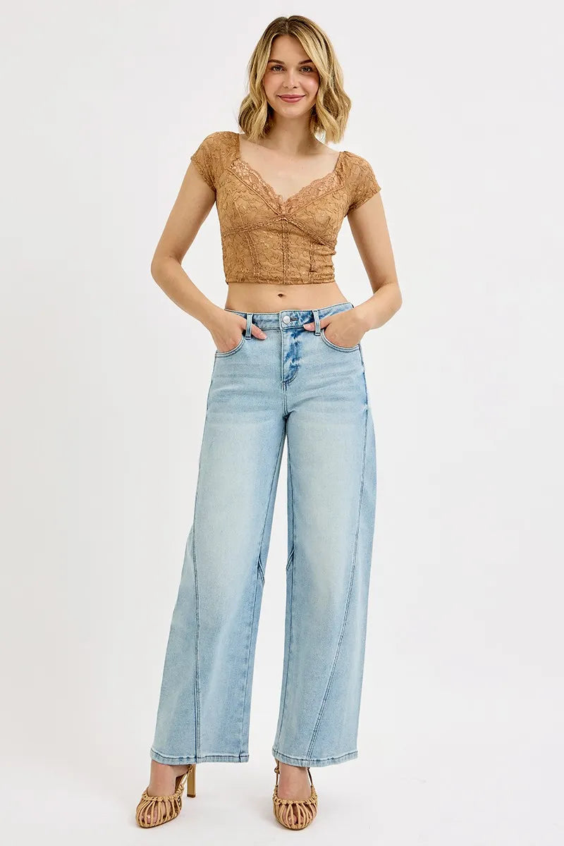 Dam Mid Rise Barrel Jeans Tvättad Stretch 1