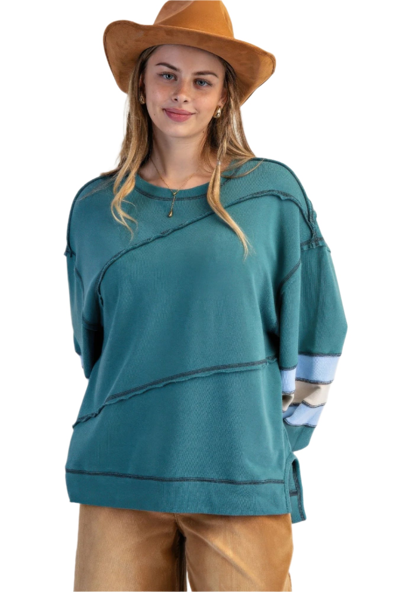 Dam Pullover Färgblockad Design Broderi Bomull 0