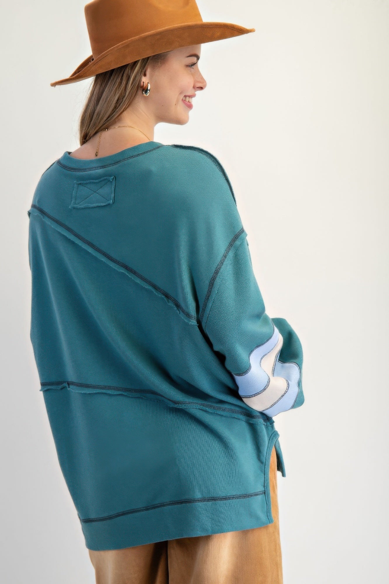 Dam Pullover Färgblockad Design Broderi Bomull 2