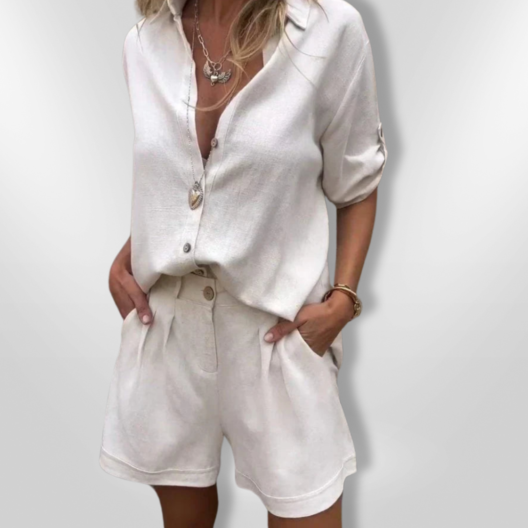 Dam Sommarset Knappblus och Shorts Lätt Andningsbart Tyg 2