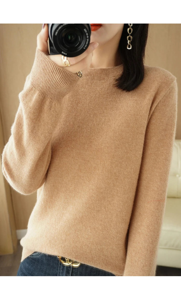 Dam Stickad Tröja O-Hals Merinoull Långärmad Pullover 12