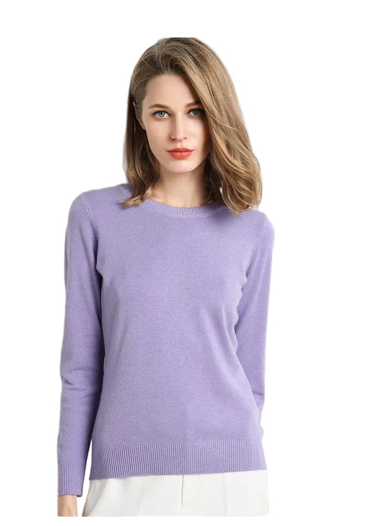 Dam Stickad Tröja O-Hals Merinoull Långärmad Pullover 14