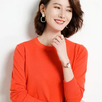 Dam Stickad Tröja O-Hals Merinoull Långärmad Pullover 19