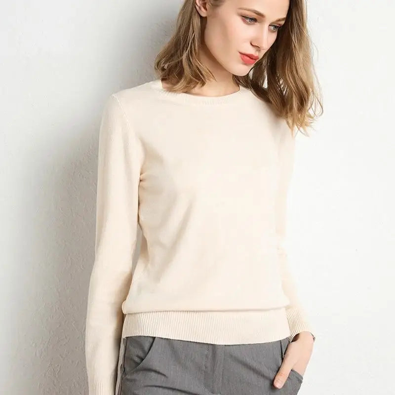 Dam Stickad Tröja O-Hals Merinoull Långärmad Pullover 2