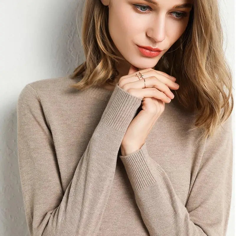 Dam Stickad Tröja O-Hals Merinoull Långärmad Pullover 5