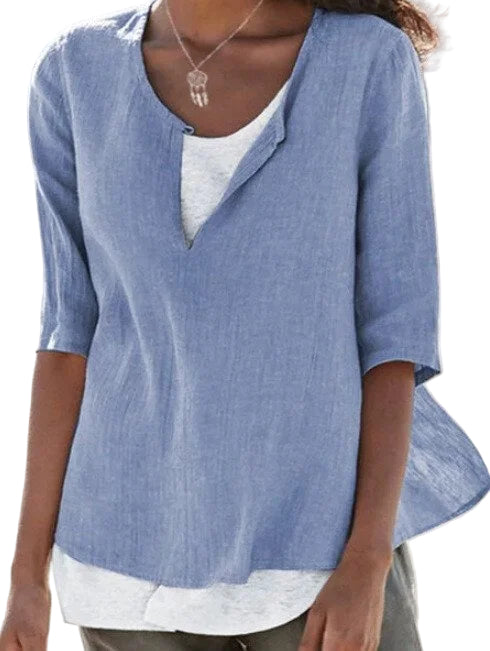 Dam T-shirt V-ringad 3/4-ärmar Bomull Hög-Låg Fåll 0