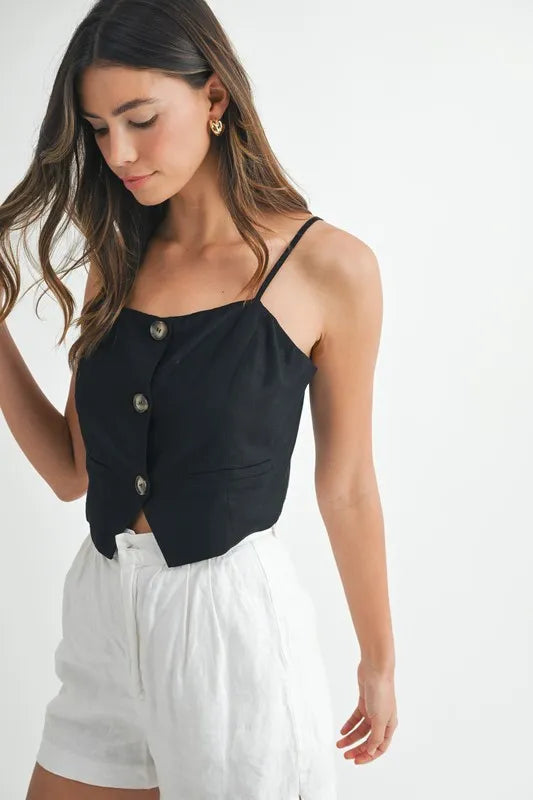 Dam Tank Top Knappad Crop Linne 3