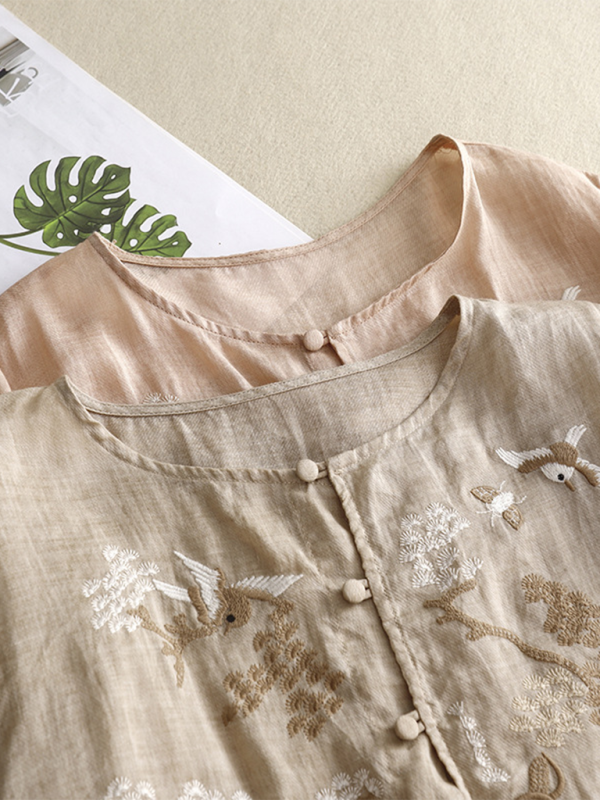 Dam Topp Rund Hals Retro Linne Bomull och Linne 1