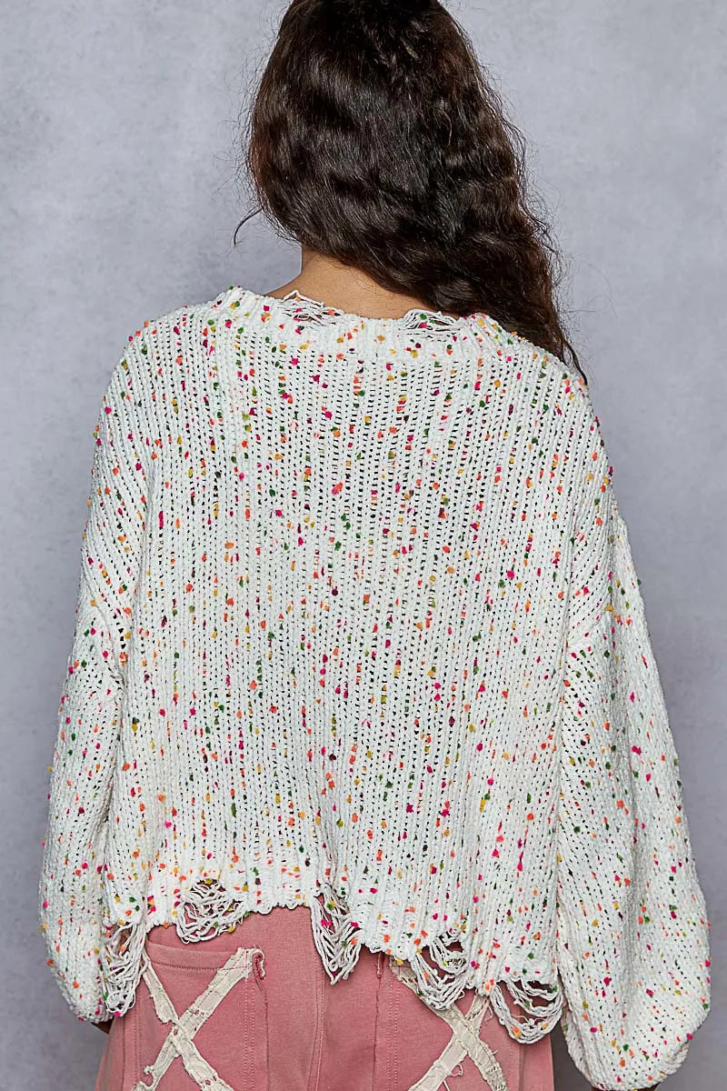 Dam Tröja Rundhalsad Långärmad med Fransar och Popcornstruktur 3