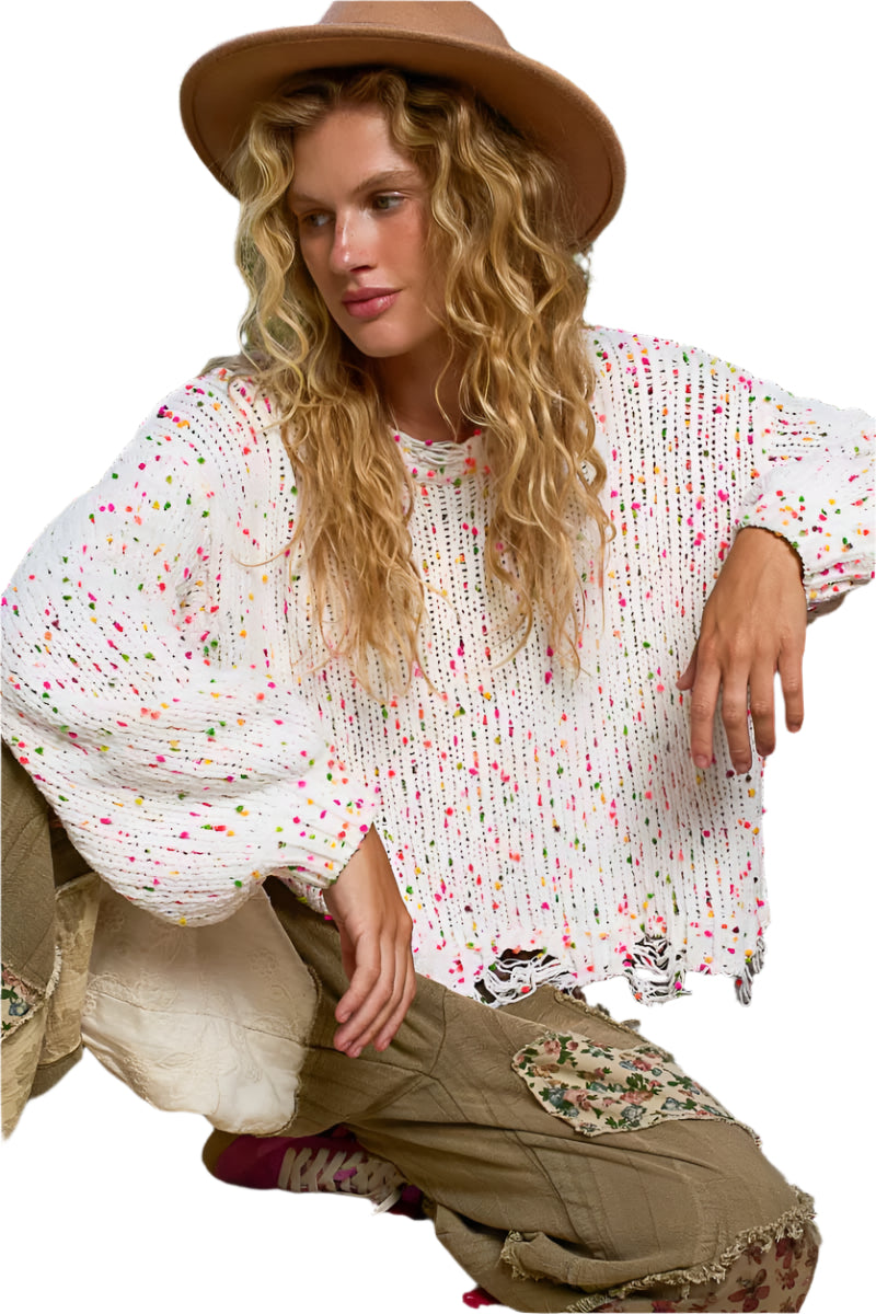 Dam Tröja Rundhalsad Långärmad med Fransar och Popcornstruktur 8