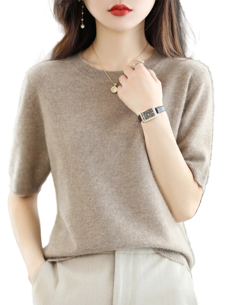 Dam Ulltröja O-Hals Merino Korta Ärmar 0