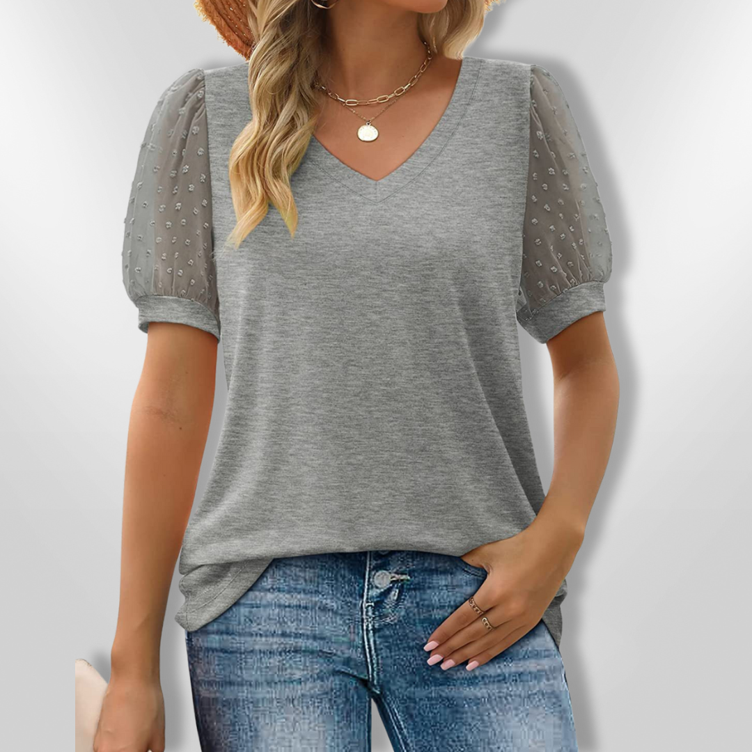 Damblus med V-ringning och Puffärmar i Mjuk Tyg 7