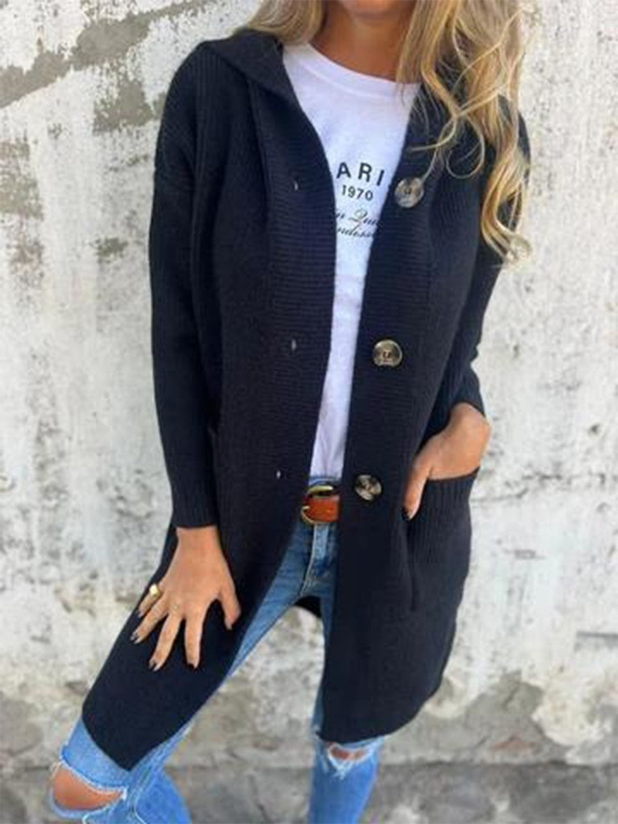 Damens Stickad Jacka Med Huva och Knappstängning 3