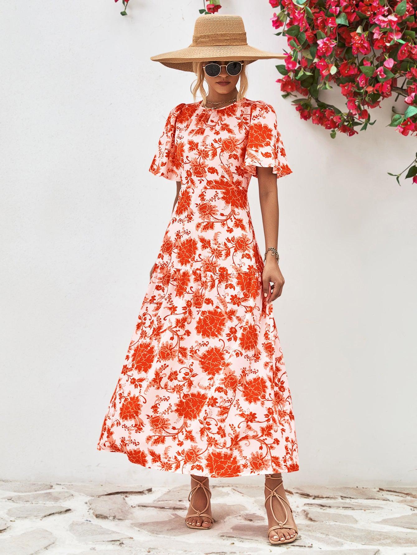 Damer A-linjeformad Klänning Blommönstrad Polyester med Rund Hals och Knytning i Ryggen 8