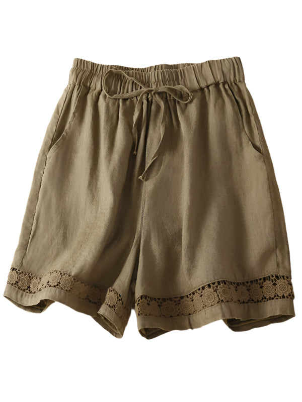 Damer Lösa Shorts Spetsdetaljer Vevd Bomull och Linne 0