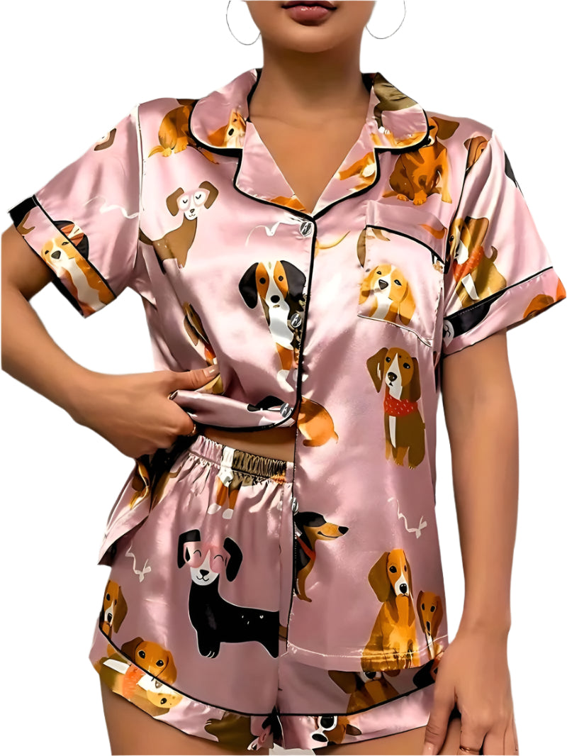 Damer Satin Pyjamas Set med Hundmotiv Klassisk Design 0