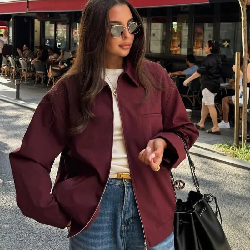 Damernas Croppad Bomberjacka med Långa Ärmar och Modern Design 2