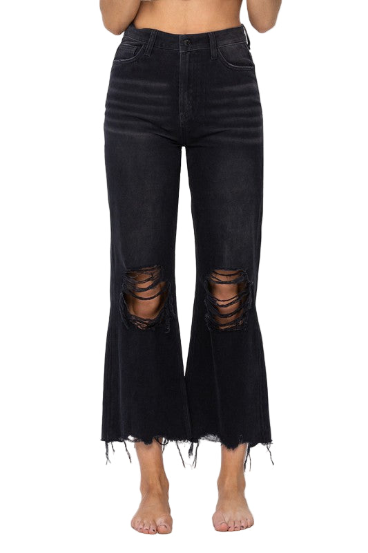 Damernas Cropped Flare Jeans i Vintage Stil 0