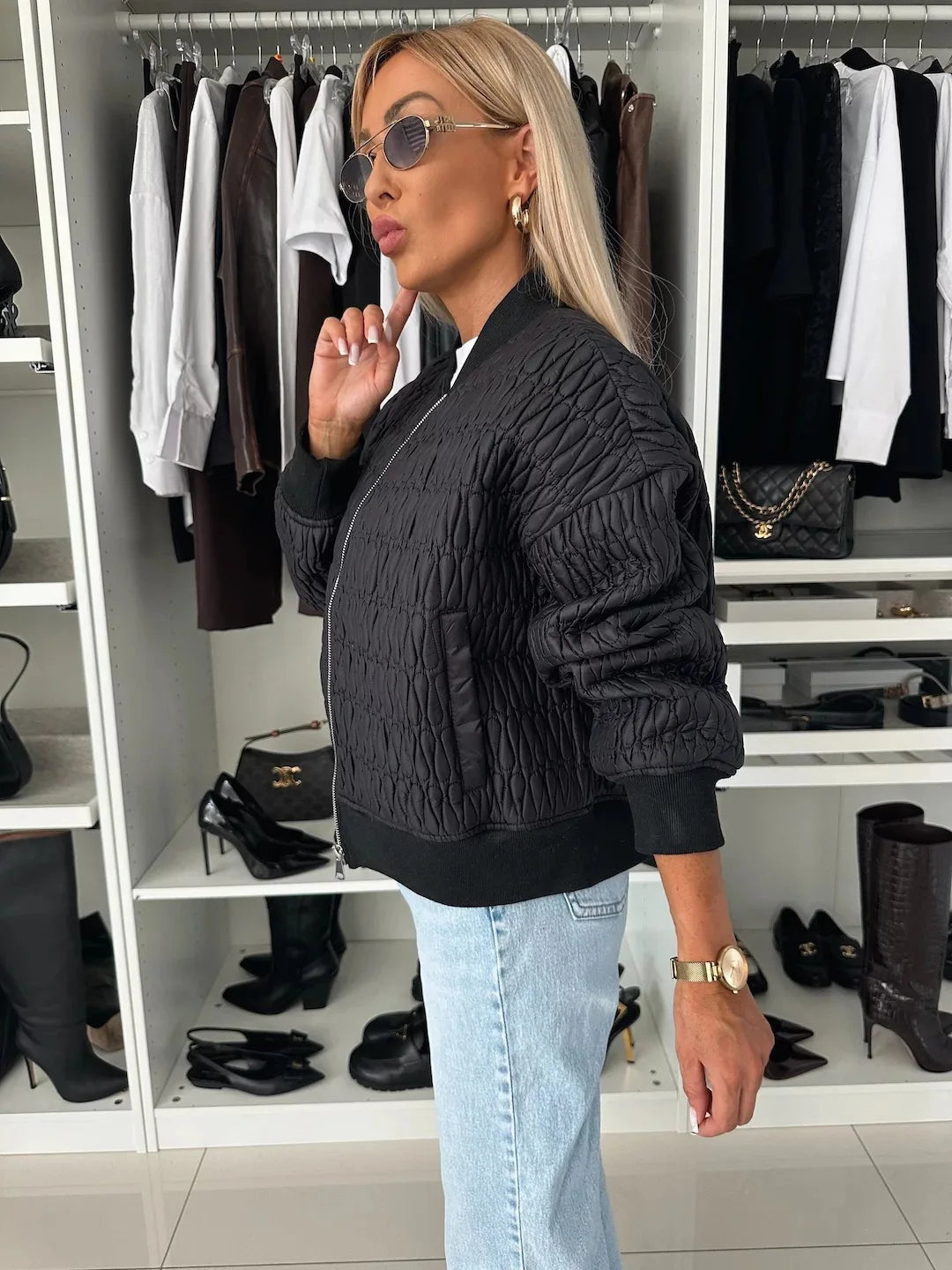 Damernas Kviltade Bomberjacka med Dragkedja och Ribbad Kant 10