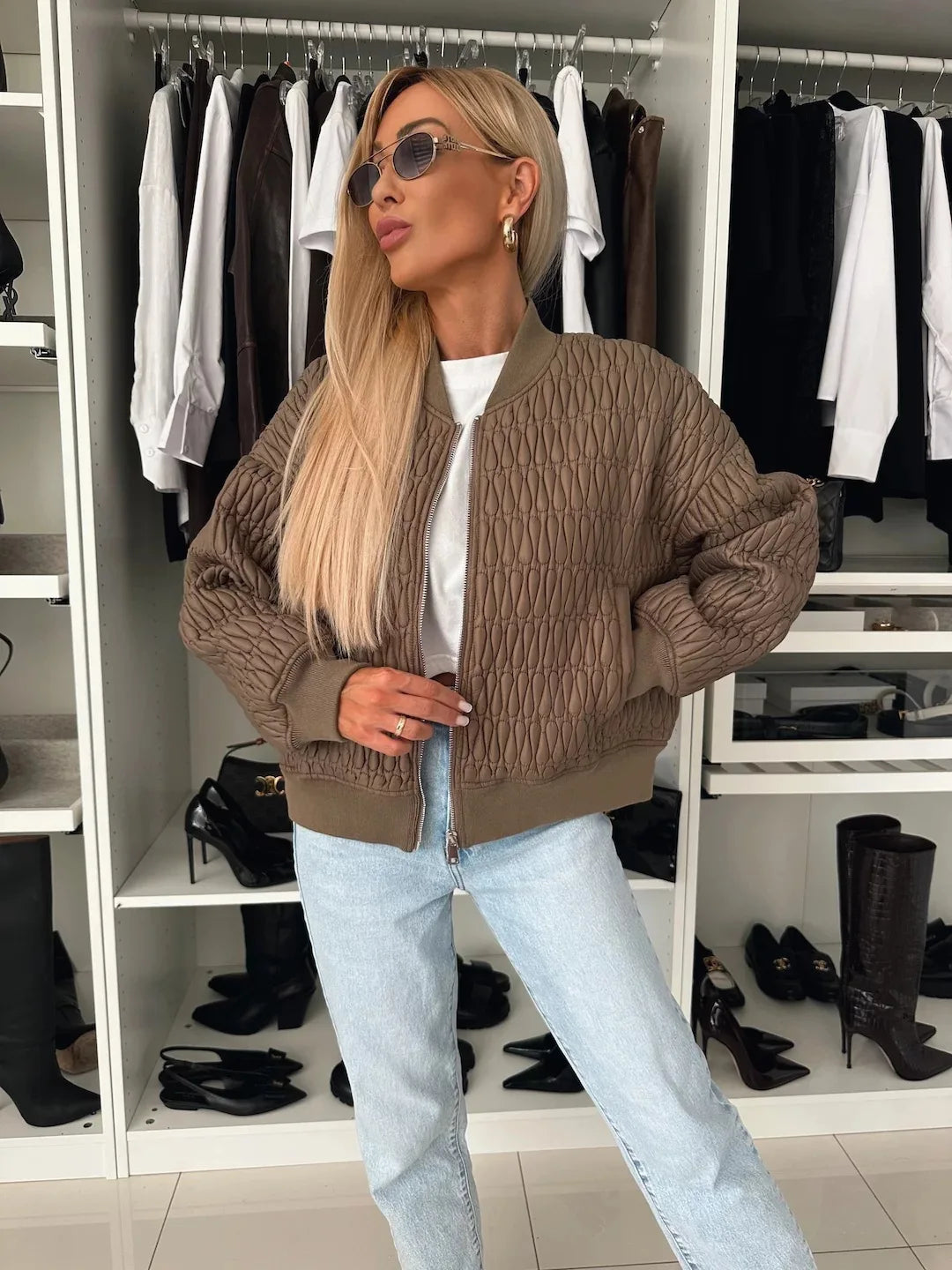 Damernas Kviltade Bomberjacka med Dragkedja och Ribbad Kant 5