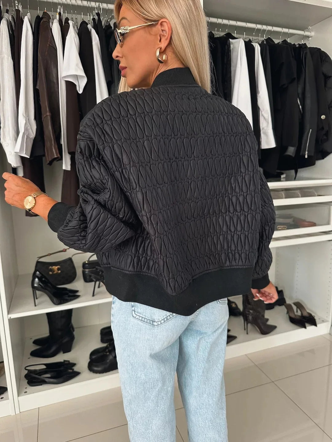 Damernas Kviltade Bomberjacka med Dragkedja och Ribbad Kant 7