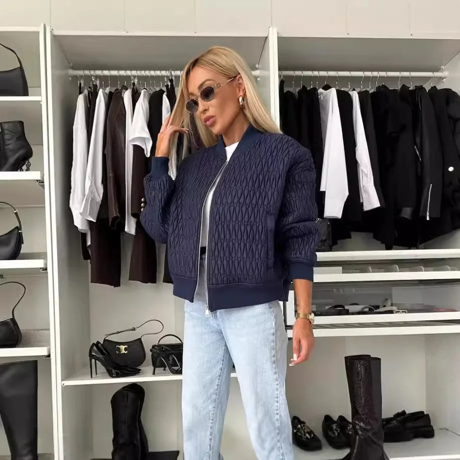 Damernas Kviltade Bomberjacka med Dragkedja och Ribbad Kant 9