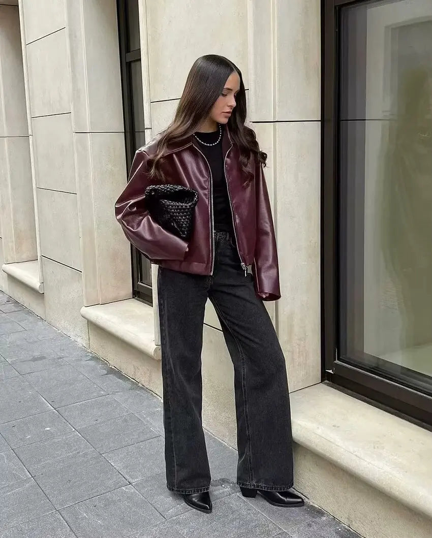 Damernas Läderjacka Klassisk Krage med Dragkedja 3