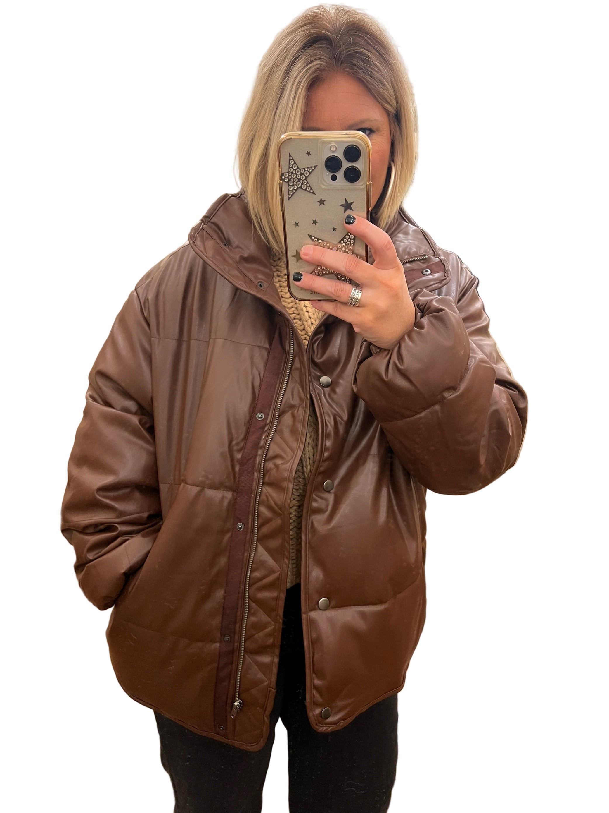 Damernas Pufferjacka i Läder Brun 0