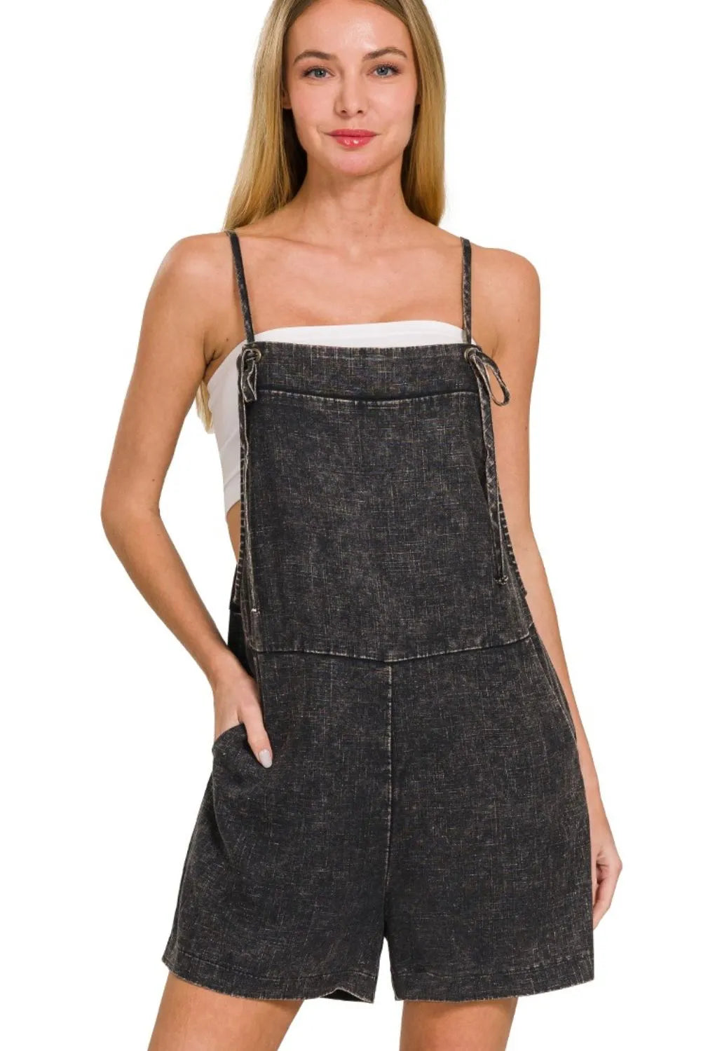 Damernas Romper Av Tvättad Linne Med Knytdetalj 0